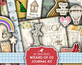 May include: Printable Wizard of Oz journal kit with a blue and white checkered background. The kit includes images of Dorothy, the yellow brick road, the Wicked Witch of the West, and the Tin Man.
