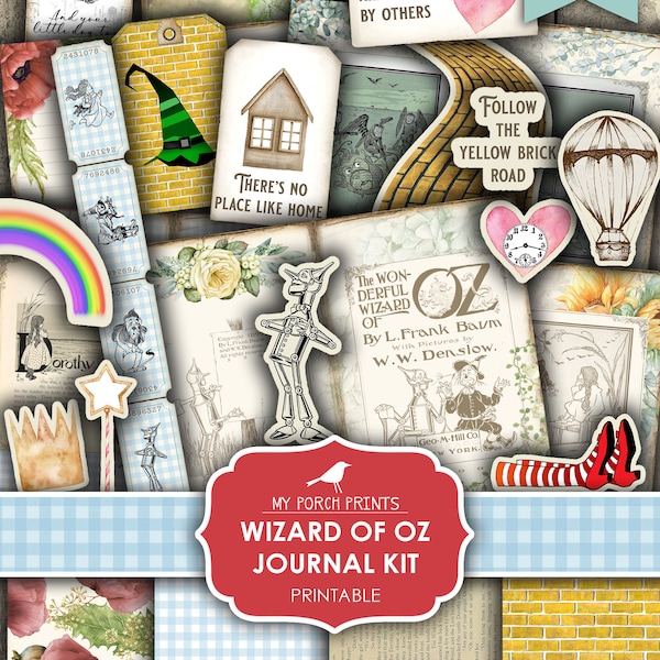 Junk Journal, Kit, Wizard of Oz, Wicked Witch, Dorothy, Yellow Brick Road, Ephemera, Cards, My Porch Prints, Digital Download, Printable