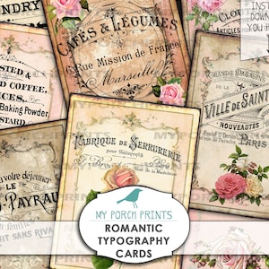 Romantische typografiekaarten, Frans, Roos, ATC, Valentijn, tag, collageblad, download, Digitaal, Junk Journal, vintage, Afdrukbaar, Ephemera