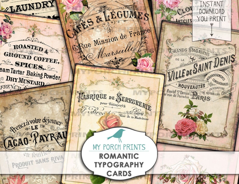 Romantic Typography Cards, French, Rose, ATC, Valentine, tag, collage sheet, download, Digital, Junk Journal, vintage, Printable, Ephemera 