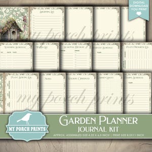 May include: A digital garden planner journal kit with various pages for planning and tracking gardening activities. Includes sections for shopping lists, watering schedules, and plant progress logs. The assembled size is approximately 4.25 x 6.5 inches.