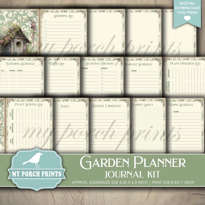 May include: A digital garden planner journal kit with various pages for planning and tracking gardening activities. Includes sections for shopping lists, watering schedules, and plant progress logs. The assembled size is approximately 4.25 x 6.5 inches.