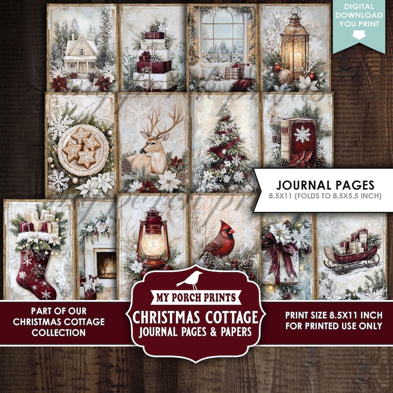Christmas Cottage Junk Journal PAGES & PAPERS, Vintage, Holiday, Red ...