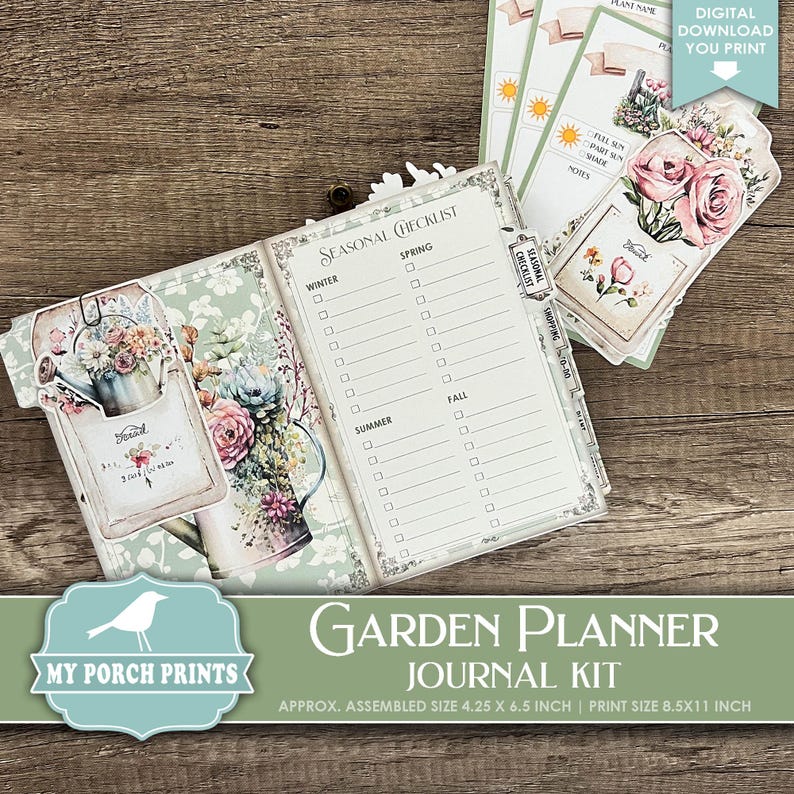 May include: A Garden Planner Journal Kit with a floral design. The journal includes a seasonal checklist, plant name section, and notes pages. The assembled size is approximately 4.25 x 6.5 inches.