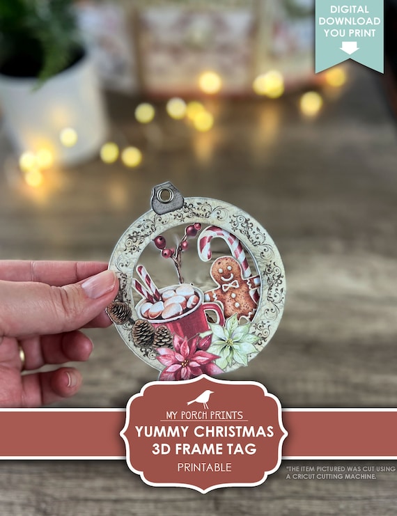Christmas 3D Frame Tag Ornament, Yummy Junk Journal Kit Ephemera Snow Globe Gift To From Tags DIY Printable My Porch Prints Digital Download