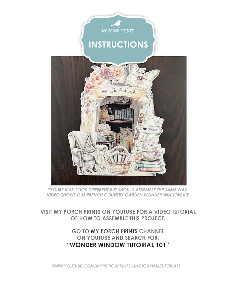 Peut inclure: Un projet d'artisanat en papier intitul&eacute; "My Book Nook" avec des instructions. La conception pr&eacute;sente une pi&egrave;ce miniature avec une chaise, des livres et des accents floraux. Le texte comprend "Instructions" et "I love books."