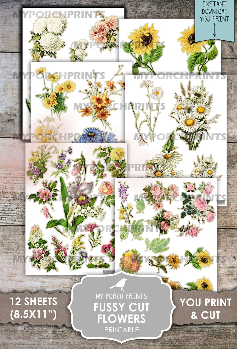 Junk Journal, Fussy Cut, Flowers, Printable, Bullet Journal, My Porch Prints, Cricut, Stickers, Sunflowers, Rose, Daisies, Digital Download image 5