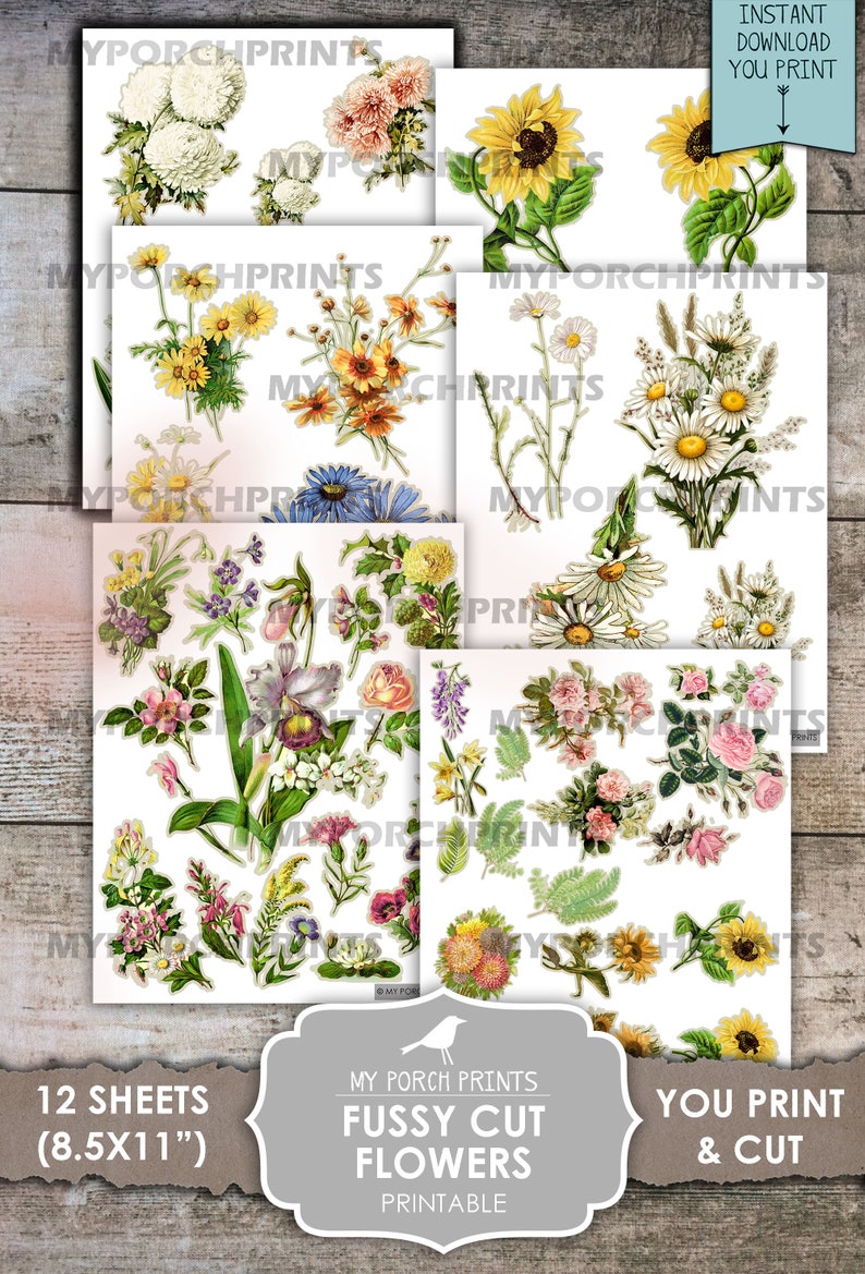 Junk Journal, Fussy Cut, Flowers, Printable, Bullet Journal, My Porch Prints, Cricut, Stickers, Sunflowers, Rose, Daisies, Digital Download image 5