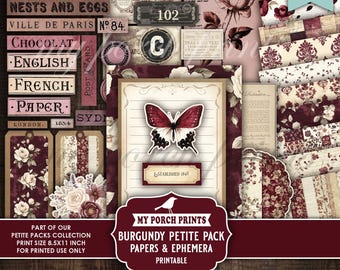 Burgundy Petite Pack Junk Journal Ephemera and Papers Kit, Red, Numbers Vintage Labels Fussy Cuts My Porch Prints Printable Digital Download