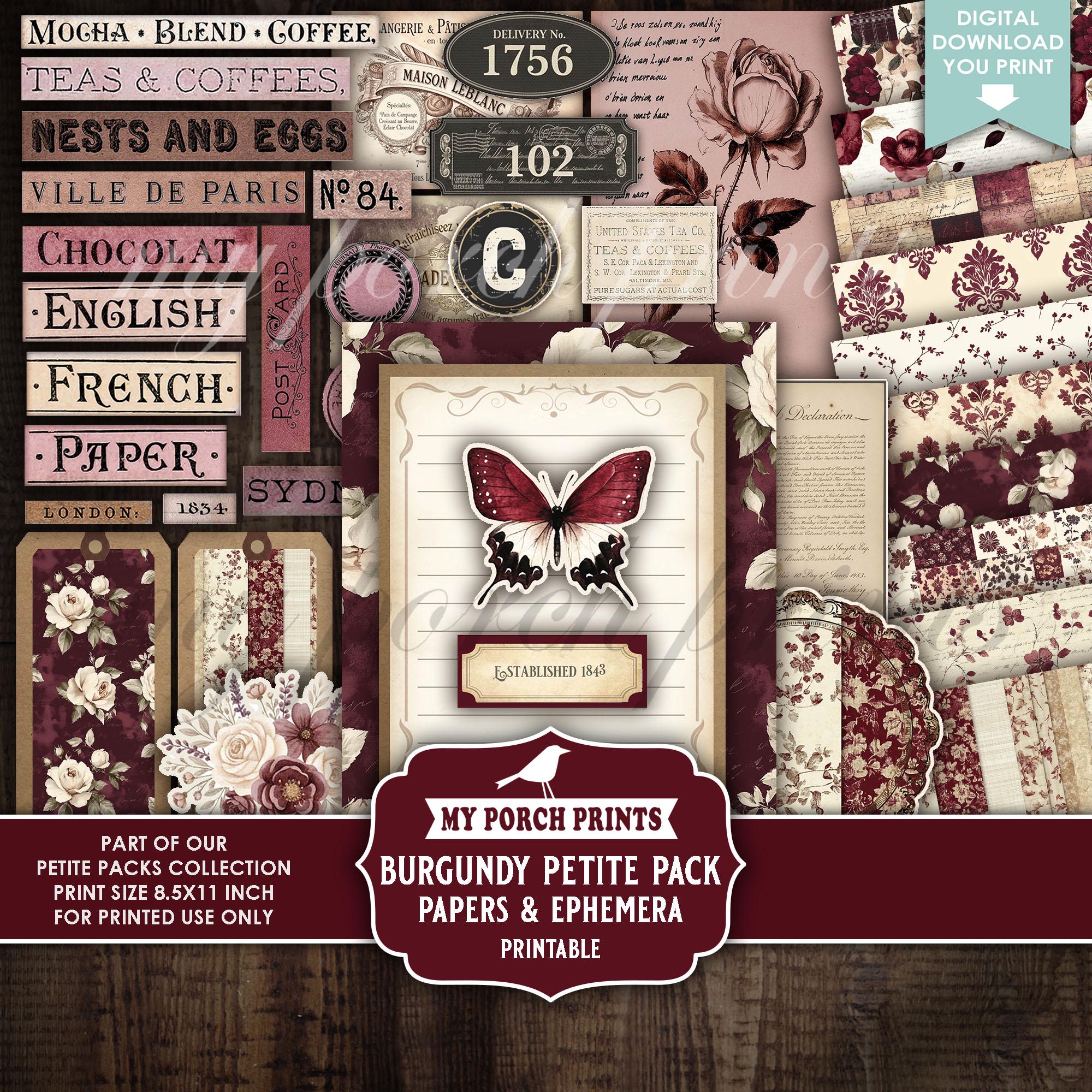 Burgundy Petite Pack Junk Journal Ephemera and Papers Kit, Red, Numbers ...