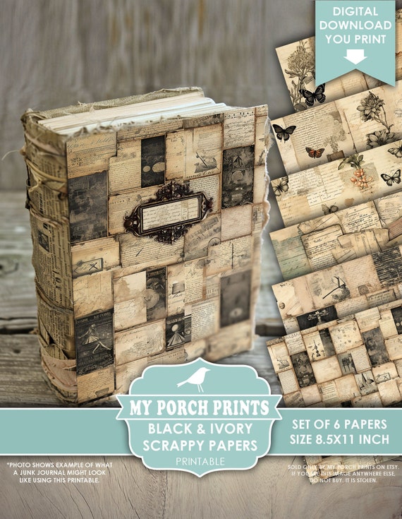 Black and Ivory Scrappy Papers, Junk Journal, Black and White, Vintage, Shabby, Backing, Paper, My Porch Prints, Printable, Digital Download