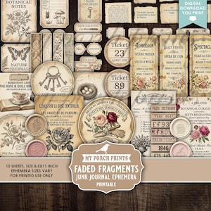 Könnte beinhalten: Eine Sammlung von Ephemera im Vintage-Stil mit botanischen und antiken Themen. Enthält Tickets, Etiketten und Journale mit floralen Illustrationen, antiken Schlüsseln und Text. Der Text enthält "Botanical Notes", "Antique Keys" und "Faded Fragments".