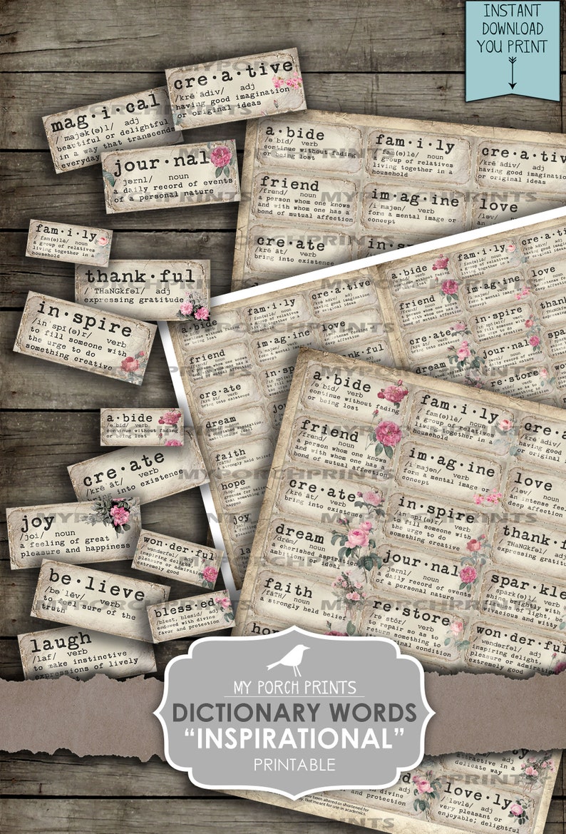 Dictionary, Definitions, Junk Journal, Definition, Inspirational, Rose, Phrases, Mixed Media, Words, My Porch Prints, Printable, Ephemera image 1