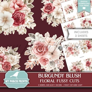Burgundy Blush Floral FUSSY CUTS, Junk Journal, Pink, Red, Flowers, Bouquet, Cricut, Stickers, My Porch Prints, Printable Digital Download