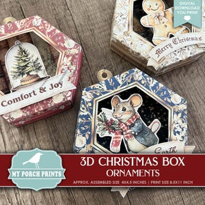 3D Christmas Shadow Box Ornaments, Craft, Decoration, DIY, Mouse, Gift Idea, Red, Green, Tree, My Porch Prints, Printable, Digital Download