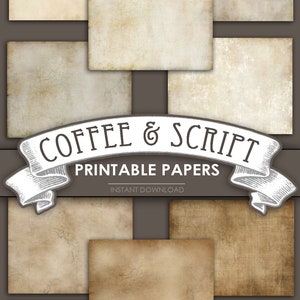 Puede incluir: Un conjunto de ocho papeles digitales imprimibles con un tema de caf&eacute; y escritura. Los papeles tienen un aspecto vintage y envejecido con varios tonos de marr&oacute;n y crema. El texto "Coffee & Script Printable Papers Instant Download" se muestra en una pancarta.