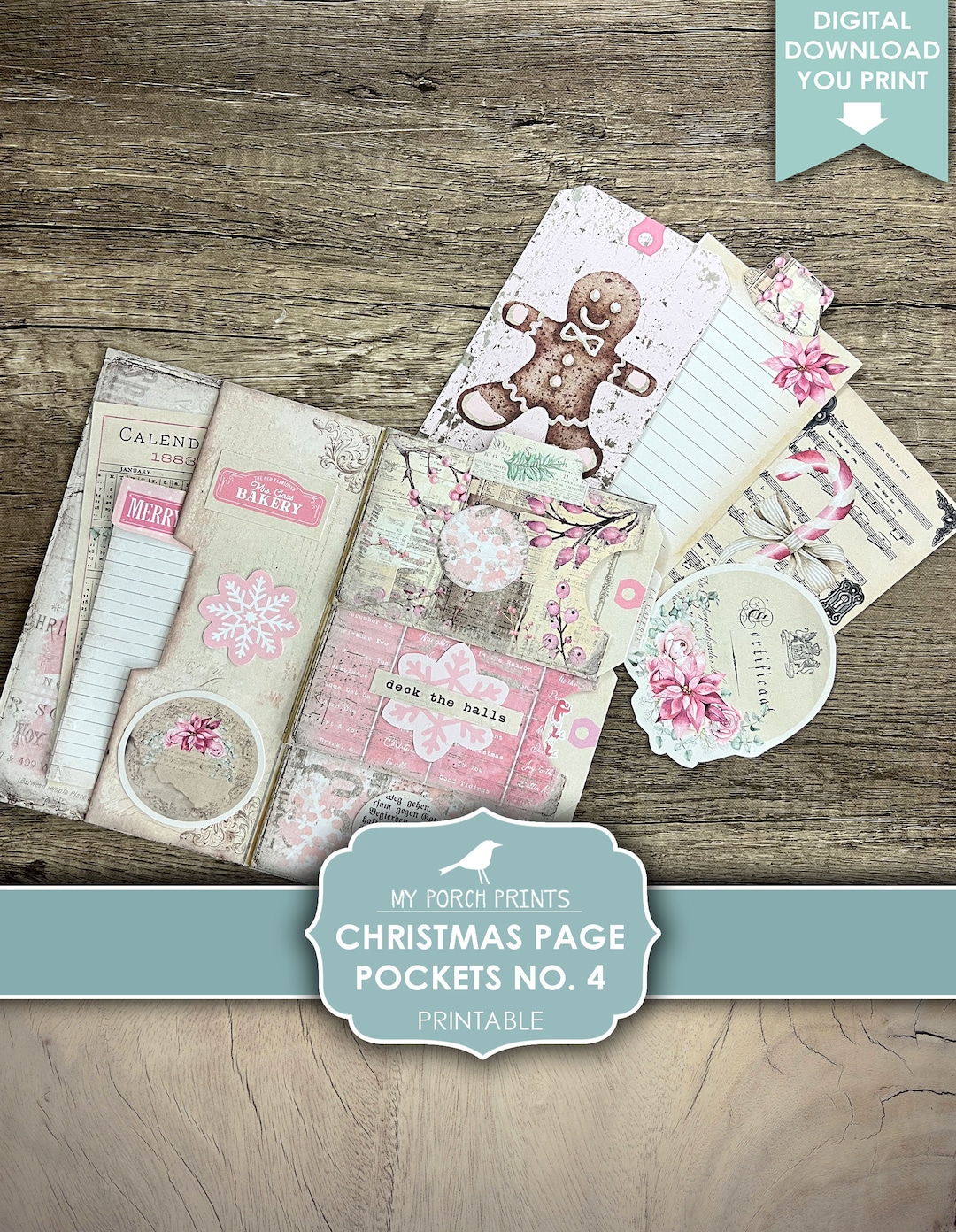 Christmas Page Pockets Folio No. 4, Junk Journal Kit, Pink, Folder ...