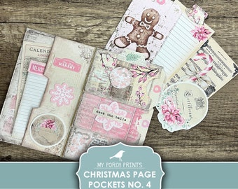 Junk Journal, Christmas, Page Pockets, No. 4, Kit, Folio, Folder, Shabby, Card, Insert, Pink, My Porch Prints, Digital, Download, Printable