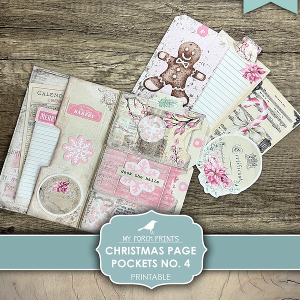 Junk Journal, Christmas, Page Pockets, No. 4, Kit, Folio, Folder, Shabby, Card, Insert, Pink, My Porch Prints, Digital, Download, Printable