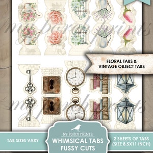 Op de afbeelding: Twee vellen met printbare, grillige tabs met gedetailleerde uitsnijdingen. De tabs bevatten bloemmotieven, vintage objecten en sleutels. De tabs zijn 8,5 inch bij 11 inch.