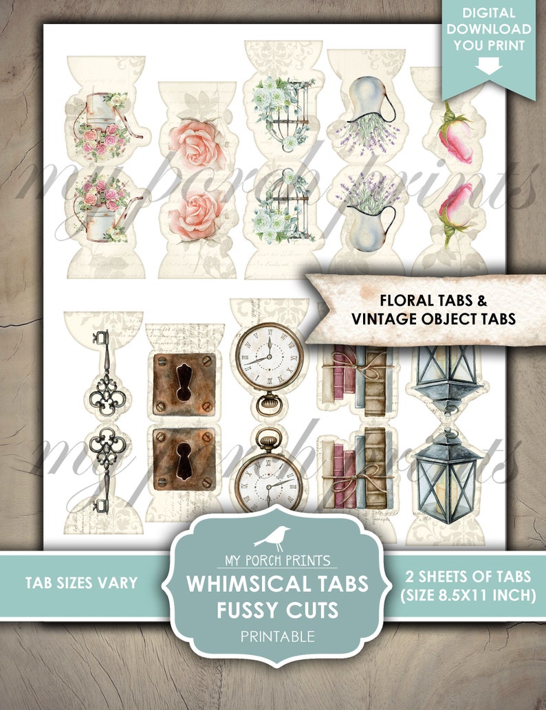 Op de afbeelding: Twee vellen met printbare, grillige tabs met gedetailleerde uitsnijdingen. De tabs bevatten bloemmotieven, vintage objecten en sleutels. De tabs zijn 8,5 inch bij 11 inch.