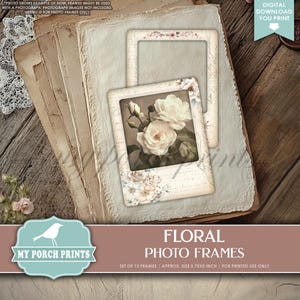 Floral Photo Frames, Junk Journal, Photograph, Frame, Travel, Roses, Neutral, Craft, Kit, My Porch Prints Printable Digital Download
