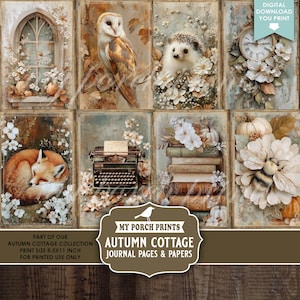 Peut inclure: Un collage de huit pages de journal d'art numérique sur le thème du cottage d'automne. Les images incluent un hibou, un renard endormi, un hérisson, une machine à écrire vintage, des livres, une horloge et des compositions florales. Le texte indique "Autumn Cottage Journal Pages & Papers."