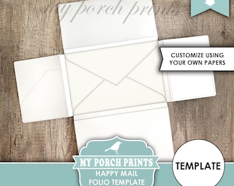 May include: A white paper template for a happy mail folio. The template is folded to show the different sections. The template is labeled "My Porch Prints Happy Mail Folio Template Printable".