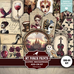 Gothic Masquerade ADD ON KIT, Junk Journal, Victorian, Halloween, Ball, Red, Black, Mask, Rose, My Porch Prints, Printable, Digital Download