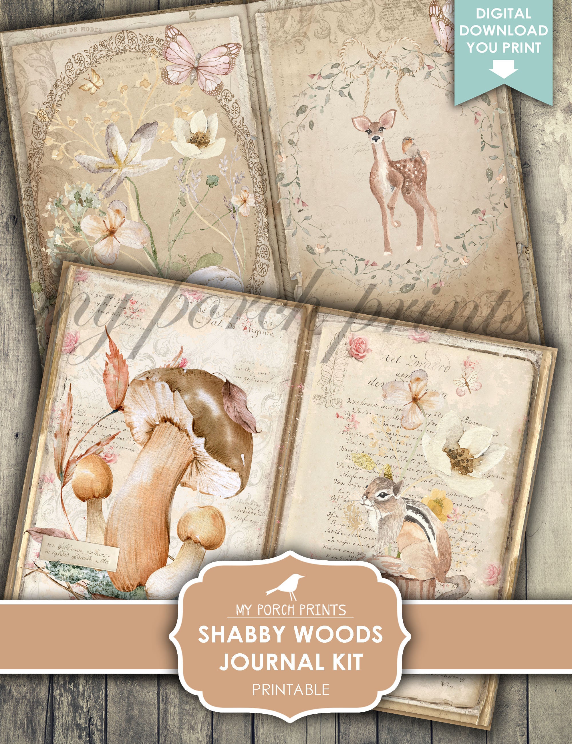 Junk Journal Kit, Shabby, Woods, Boho, Woodland, Forest, Animals, Baby ...