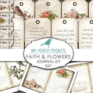Foi et fleurs, kit de journal, page de journal, livre, vintage, 5 x 7, imprimable, éphémère, verset de la Bible, kit de journal religieux, journal de prière