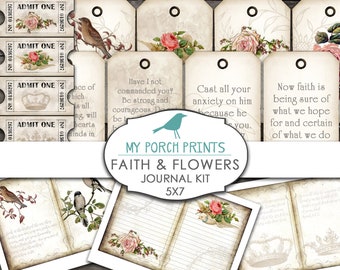 Faith & Flowers, Journal Kit, Journal Page, Book, Vintage, 5x7, Printable, Ephemera, Bible Verse, Faith Journal Kit, Prayer Junk Journal