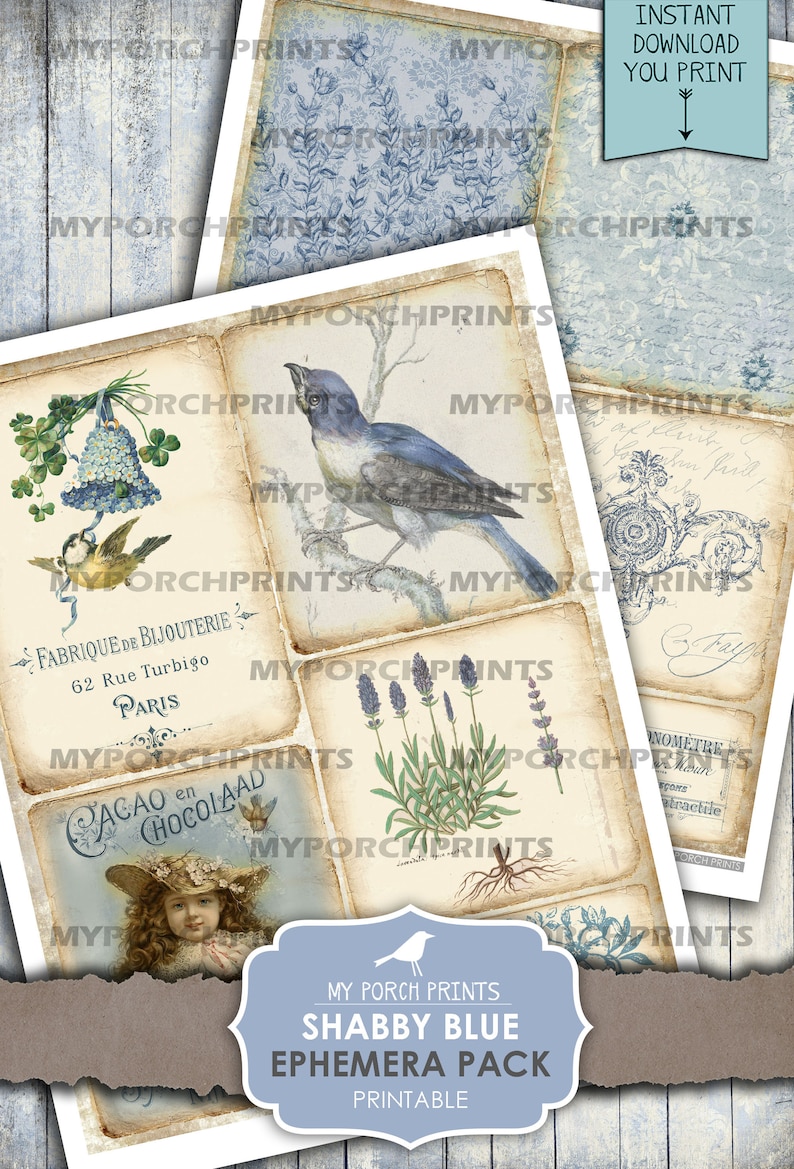 Junk Journal, Ephemera, Pack, Shabby, Blue, Butterfly, Insert, My Porch ...