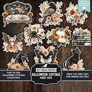 May include: A collection of Halloween-themed fussy cuts featuring a black cat, bat, spider, crow, pumpkins, butterfly, witch's hat, and floral arrangements. The phrase "Halloween Cottage" is displayed. Digital download available.