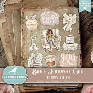 May include: A collection of fussy cut stickers with a vintage aesthetic. Designs include a cupcake, scissors, a woman reading, a cross, stacked decorative tapes, books, a coffee cup, and text that reads "Let all that you do be done in love".