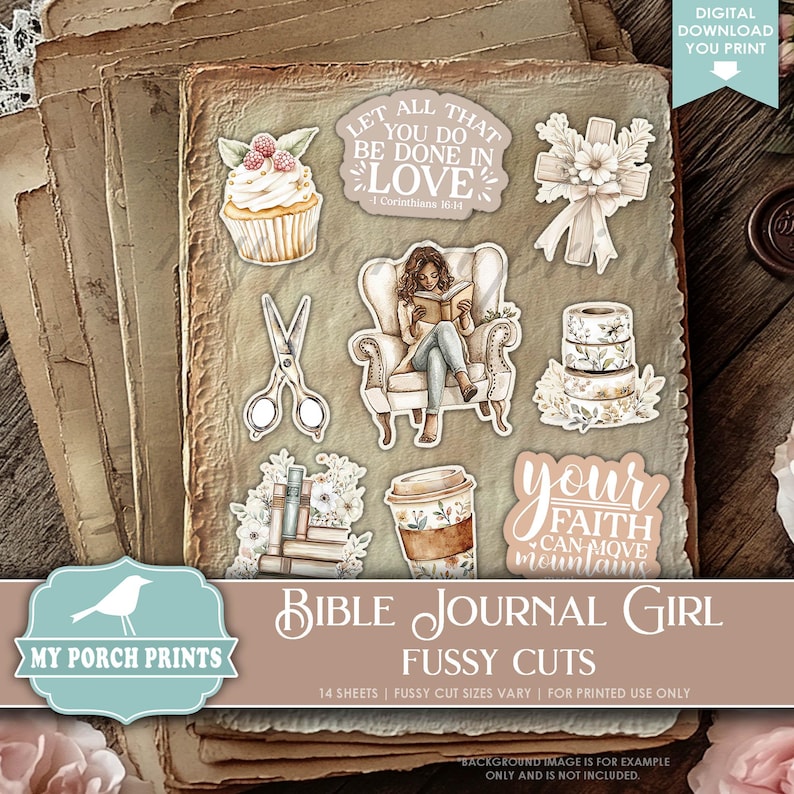 May include: A collection of fussy cut stickers with a vintage aesthetic. Designs include a cupcake, scissors, a woman reading, a cross, stacked decorative tapes, books, a coffee cup, and text that reads "Let all that you do be done in love".