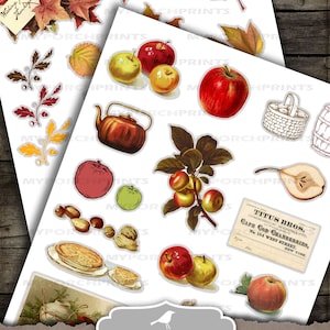 May include: A set of printable fall harvest images for fussy cutting. The images include apples, pears, leaves, a teapot, a pie, nuts, and a basket of cranberries. The text "My Porch Prints Fussy Cut Fall Harvest Printable" is at the bottom of the image.