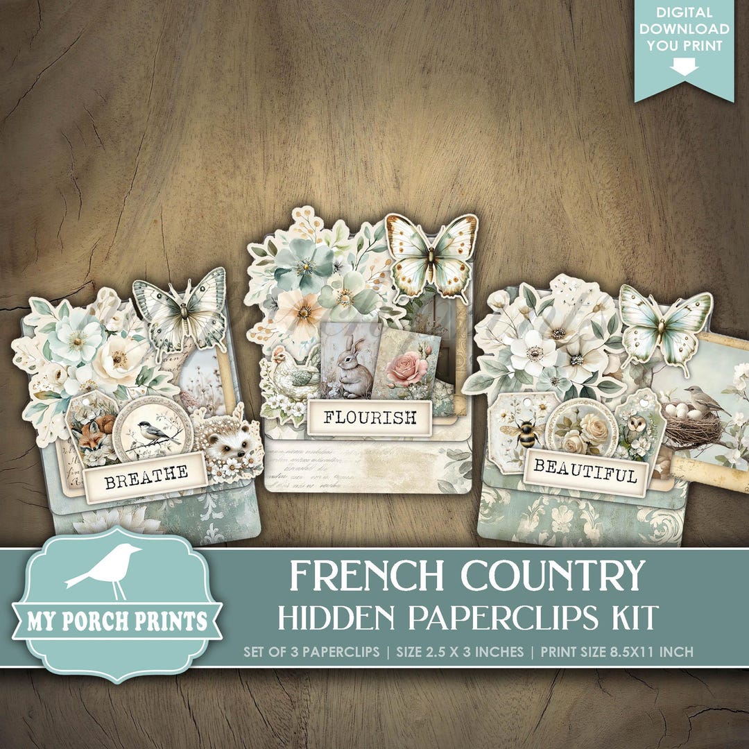 French Country Hidden Paperclips Kit, 3, Blue Junk Journal Paper Clips ...
