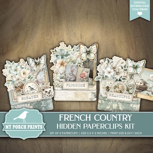 French Country Hidden Paperclips Kit, 3, Blue Junk Journal Paper Clips Bookmark Cottage Shabby, My Porch Prints Printable Digital Download
