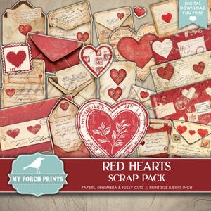 Red Hearts Scrap Pack Valentine's Day Papers Ephemera Fussy Cuts, Junk Journal, Mail, Valentine, My Porch Prints Printable Digital Download