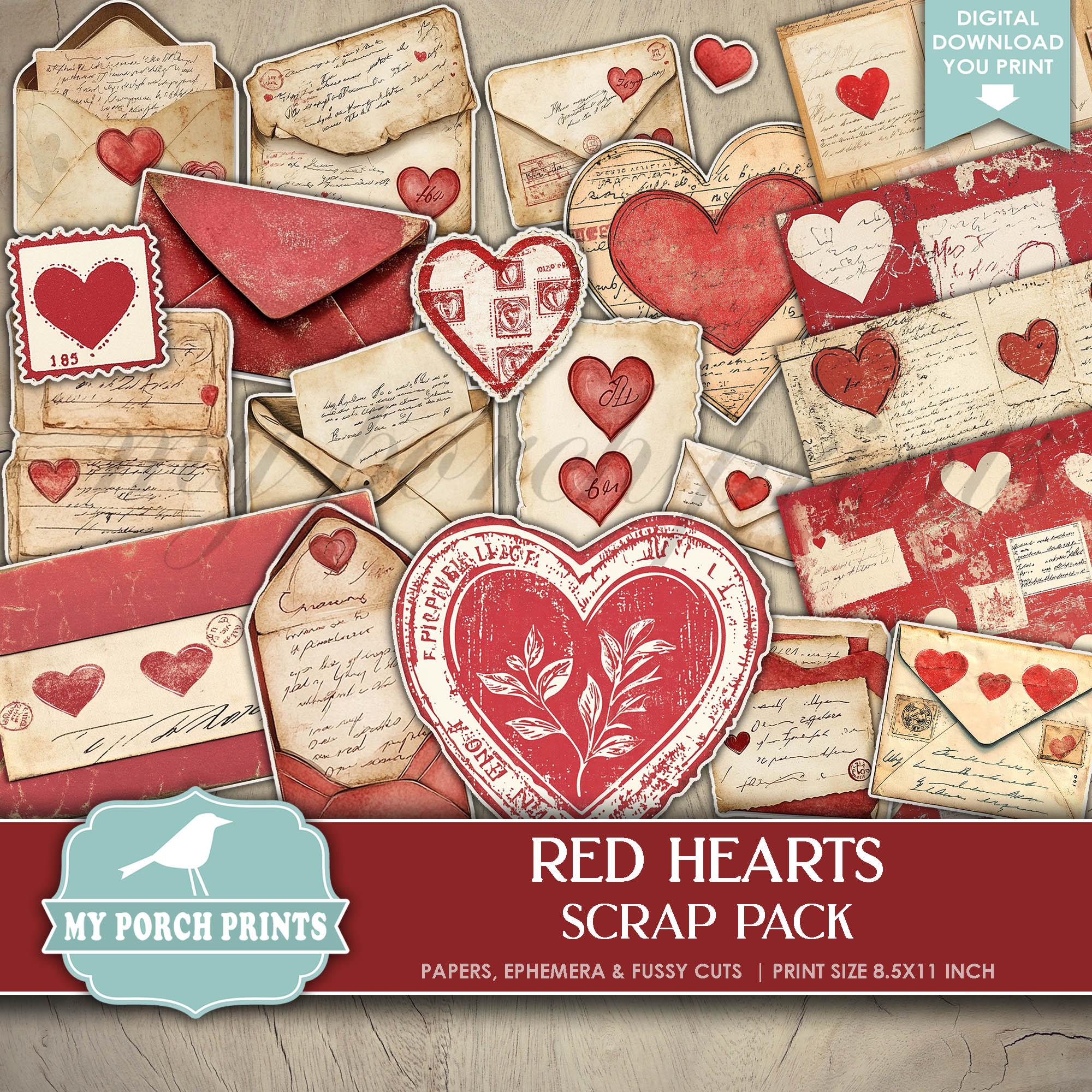 Red Hearts Scrap Pack Valentine's Day Papers Ephemera Fussy Cuts, Junk Journal, Mail, Valentine, My Porch Prints Printable Digital Download