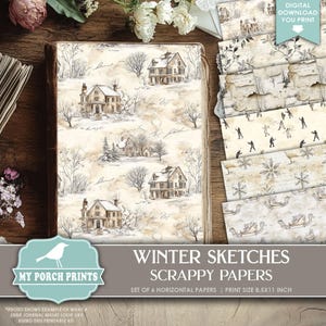 Winter Sketches Scrappy Papers, Junk Journal, Pages, Neutral, White, Backing, Ivory, Craft, My Porch Prints, Printable, Digital Download