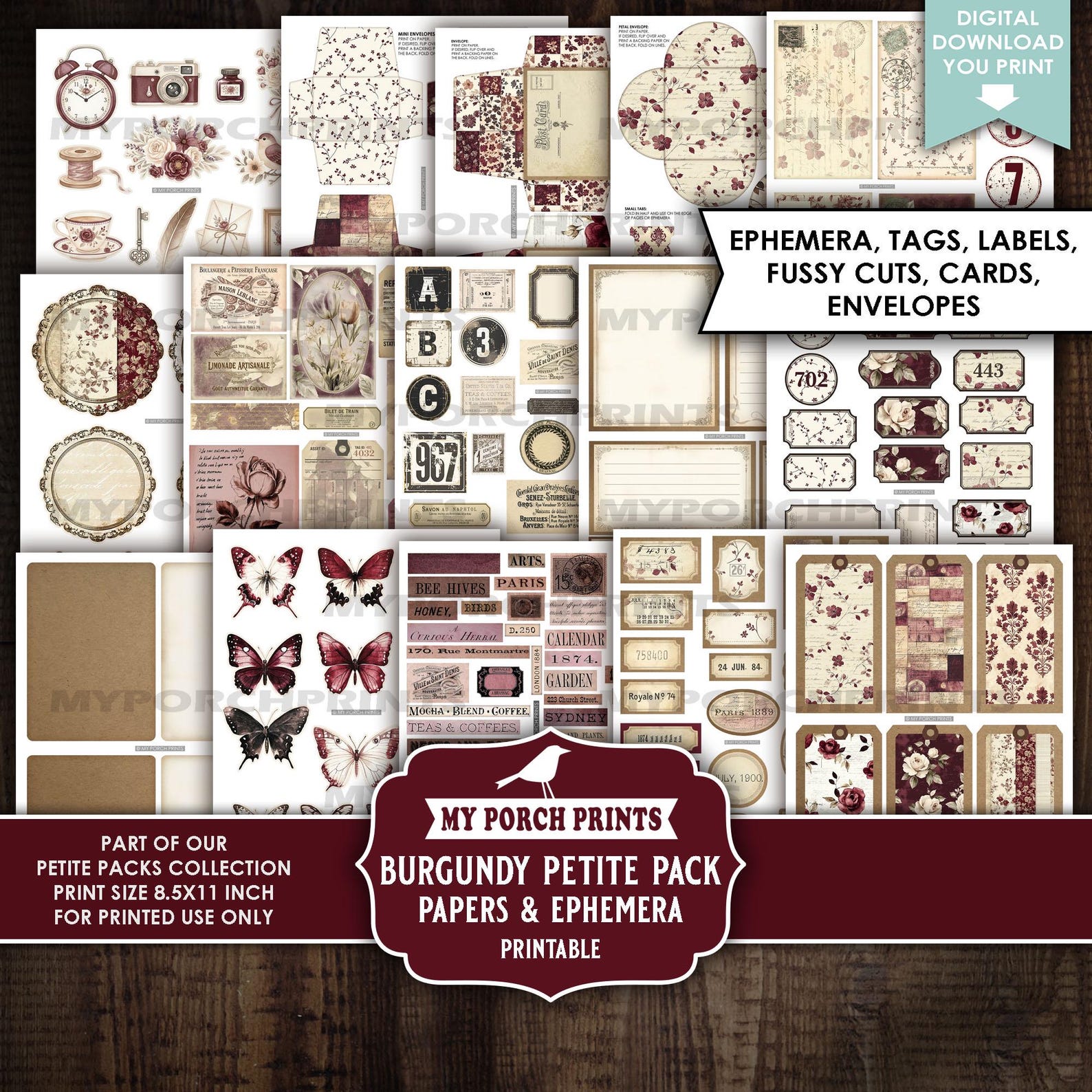 Burgundy Petite Pack Junk Journal Ephemera and Papers Kit, Red, Numbers ...