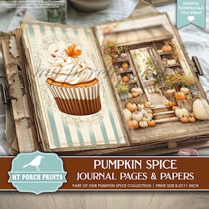 Pumpkin Spice Junk Journal PAGES & PAPERS, Kit, Fall, Autumn, Vintage, Coffee Shop Storefronts, My Porch Prints, Printable Digital Download
