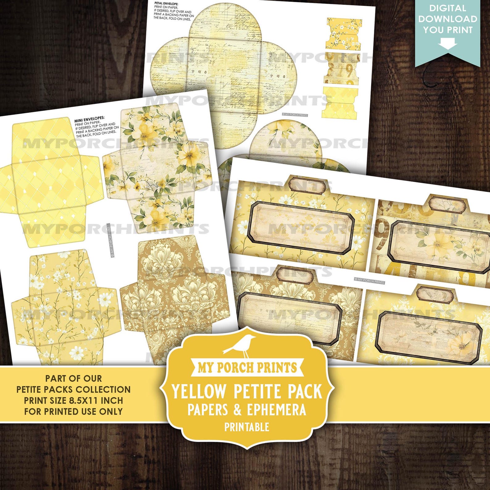 Yellow Petite Pack Junk Journal Ephemera and Papers Kit, Numbers Bee ...