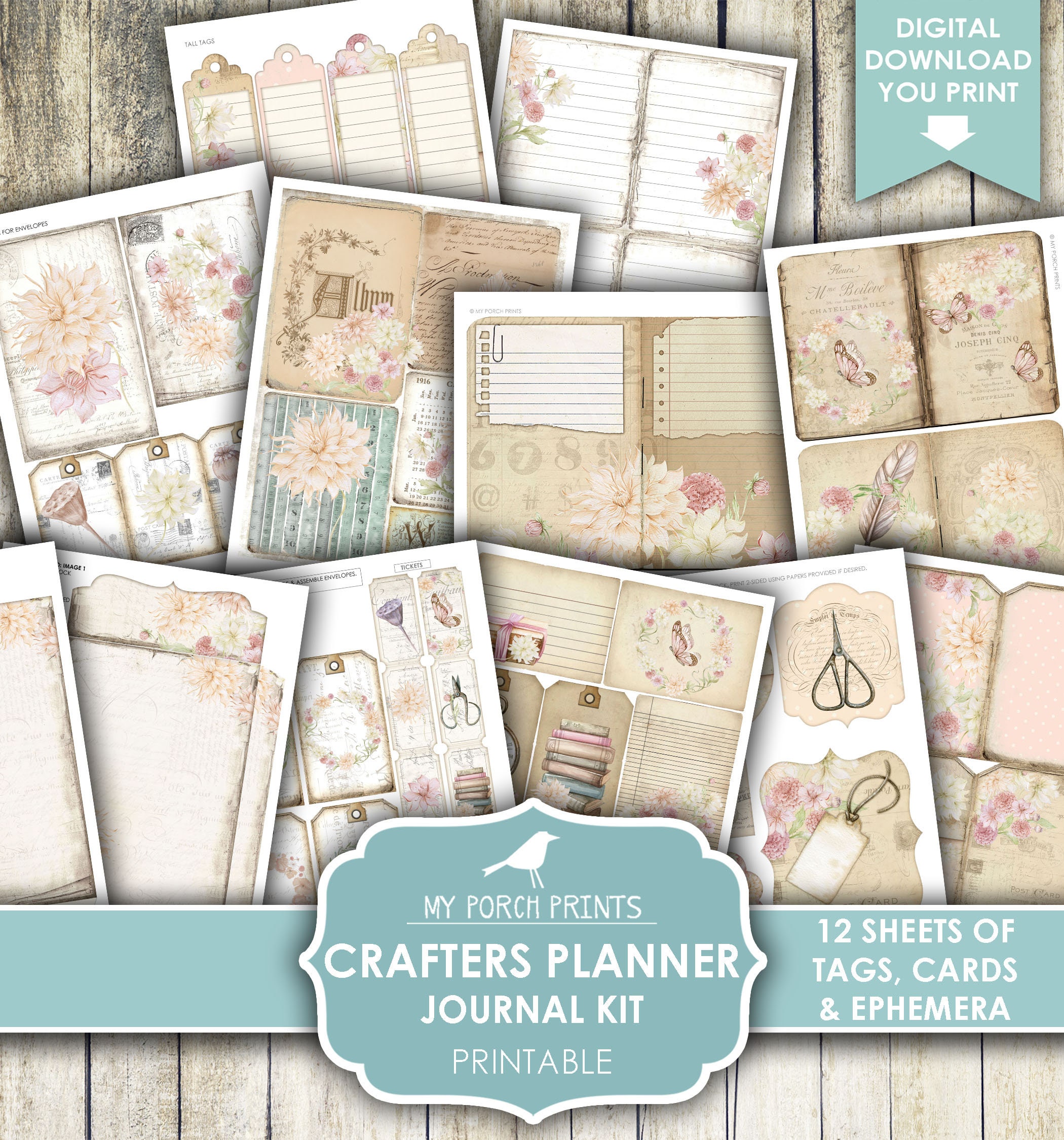 Crafters Planner, Junk Journal Kit, Calendar, Dahlias, Boho, Shabby,  Cottagecore, Ephemera, My Porch Prints, Digital Download, Printable 