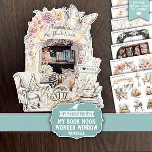 May include: A papercraft scene featuring a cozy reading nook with a bookshelf, armchair, and floral accents. The design includes the text "My Book Nook" and "My Porch Prints". A butterfly and various decorative elements complete the scene.