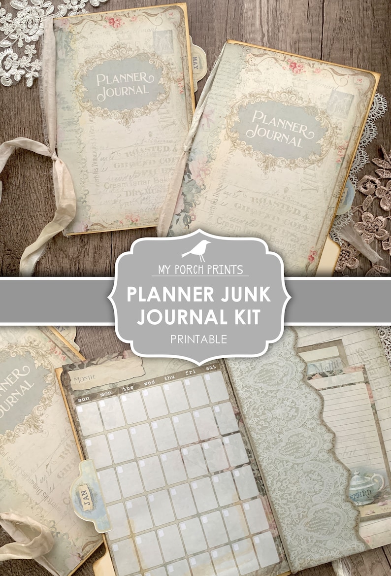 Planner Junk Journal Kit, Calendar, Bullet Journal, Shabby, My Porch Prints, Junk Journal, Printable, Paper, Ephemera, Digital, Download image 1