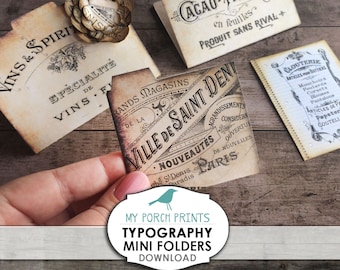 Mini File Folders, Typography, Scrapbook Kit, junk journal kit, printable ephemera, junk journal printable, Cards, vintage, embellishment