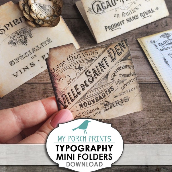 Mini File Folders, Typography, Scrapbook Kit, junk journal kit, printable ephemera, junk journal printable, Cards, vintage, embellishment